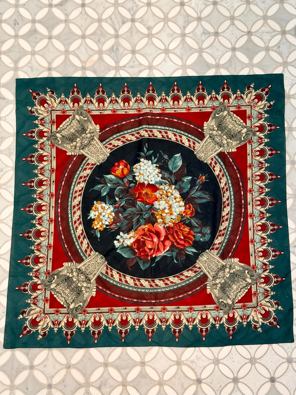 Vintage 80s Baroque Renaissance Floral Square Scarf Green Red Cream Gold Cottage - Picture 6 of 12